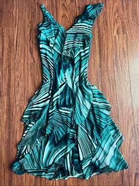Robbie Bee Teal & Black Tropical-Print Ruffle Midi Dress